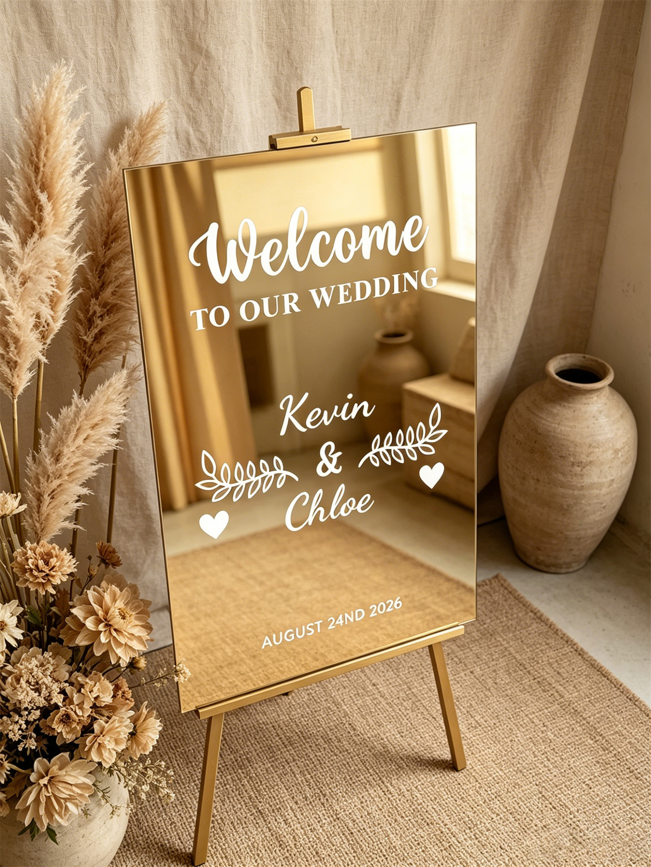 Mirror acrylic welcome signs, golden mirror wedding direction signs, custom wedding direction signs, ceremony welcome signs